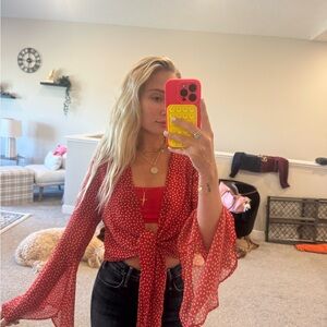Urban Outfitters Red Polka Dot Tie-Front Blouse